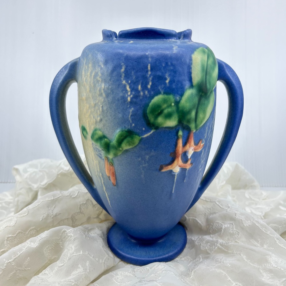 Vintage Roseville Blue Fuchsia Vase Handled Art Deco Shape 897-8 Circa 1939